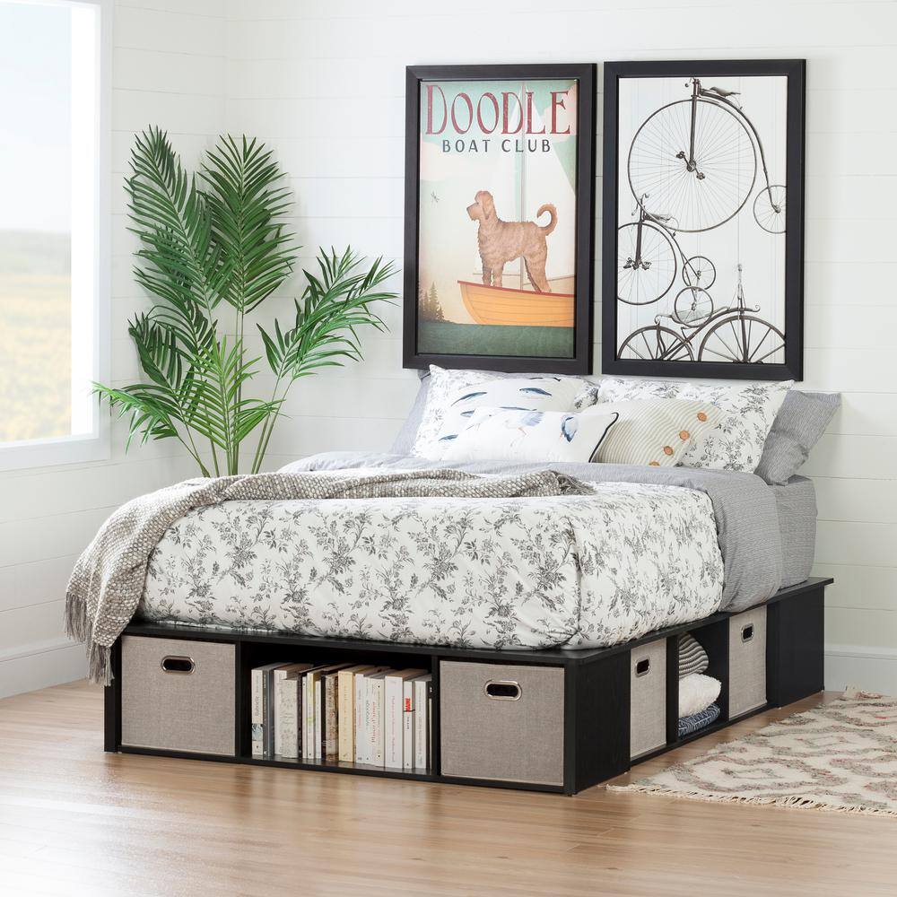 King Black Oak Platform Bed with Storage Baskets