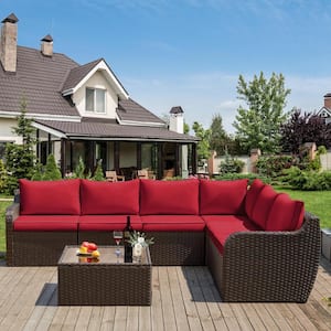 7-Piece Rattan Wicker Outdoor Patio Furniture Set Sectional Sofa Set with Ergonomic Curved Armrest with Red Cushion