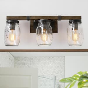 Araphi 3-Light Rust Black Brushed Brown Farmhouse Vanity Light Bath Wall Sconce with Mason Jar Shade & Faux Wood Accent