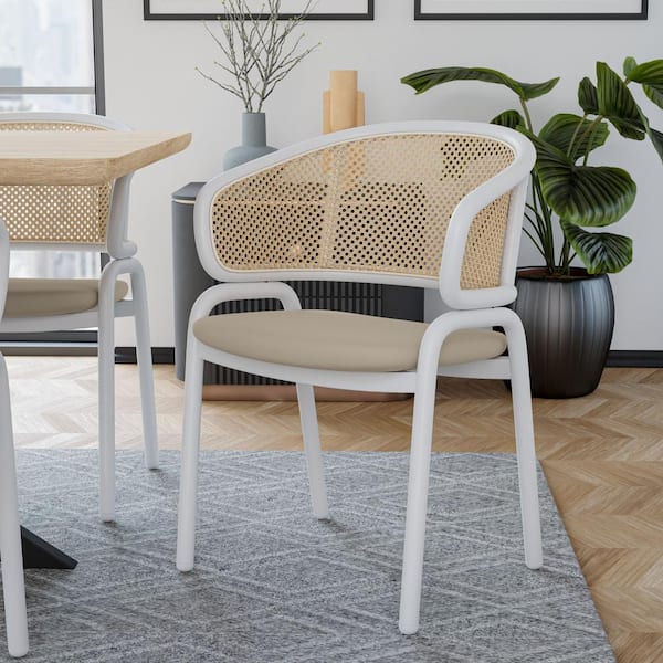 Leisuremod Modern Wicker Dining Chairs with Leather Seat in White Stainless Steel Accent Side Armchair in Taupe