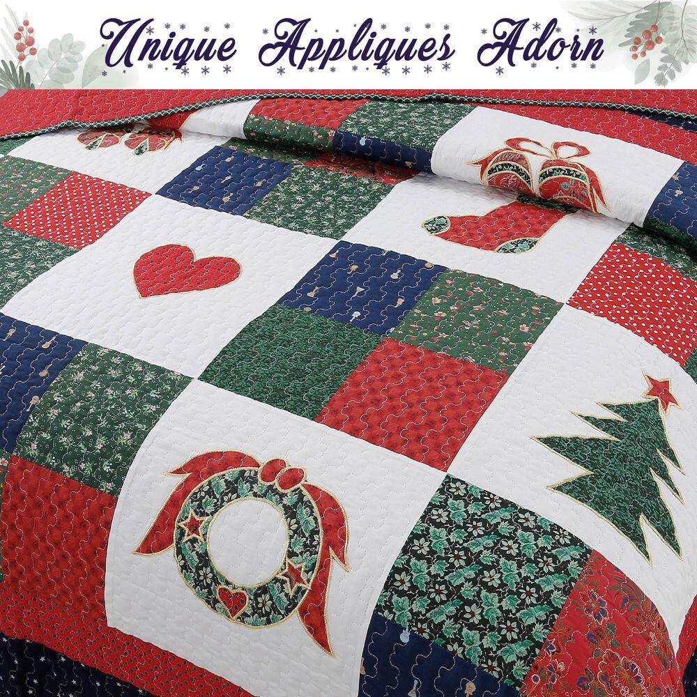 Red and Green Cotton Reversible Queen Quilt Set