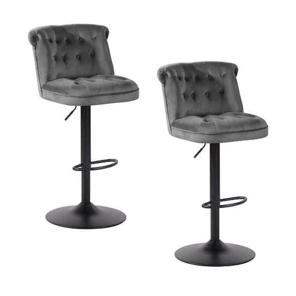 Homy Casa Baze 26 in.-34.6 in. Adjustable Height Grey Low Back Metal Frame Tufted Bar Stool With Velvet Seat (Set of 2)