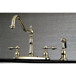 Tudor 2-Handle Standard Kitchen Faucet with Side Sprayer in Polished Brass