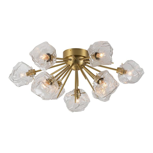 HUOKU Irreg 27.2 in. 9-Light Modern Sputnik Brass Semi-Flush Mount with Irregular Clear glass Dandelion Ceiling light