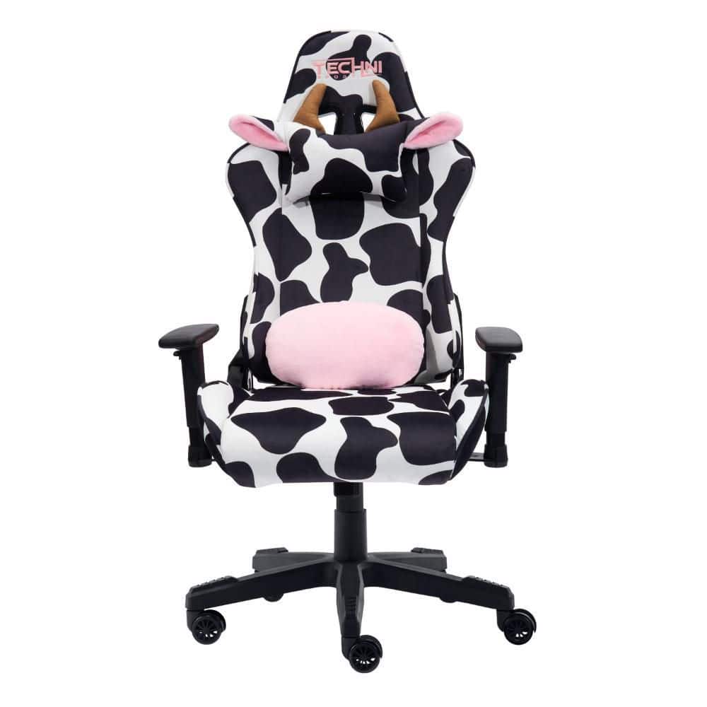 Black White And Pink Cow Print Adjustable Height Swivel Rolling Gaming Chair
