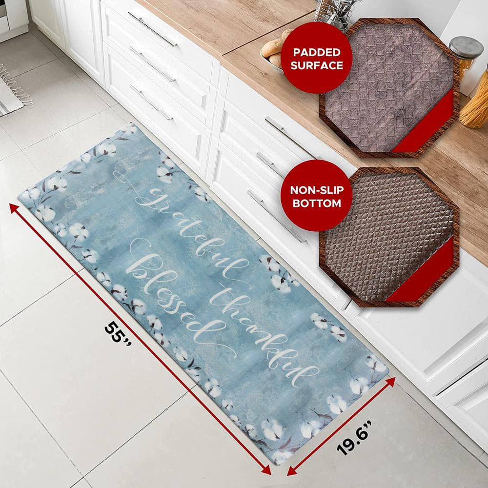 Grateful Thankful Blessed Blue PVC Anti-Fatigue Kitchen Mat