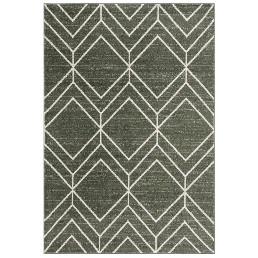 Ivory and Dark Green Geometric Synthetic Area Rug 5'1" x 7'6"