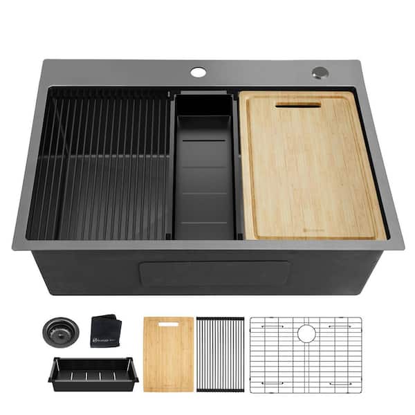 EPOWP 32 in. Drop-In Single Bowl 18-Gauge Gunmetal Black Stainless Steel Kitchen Sink with Cutting board and Drying Rack