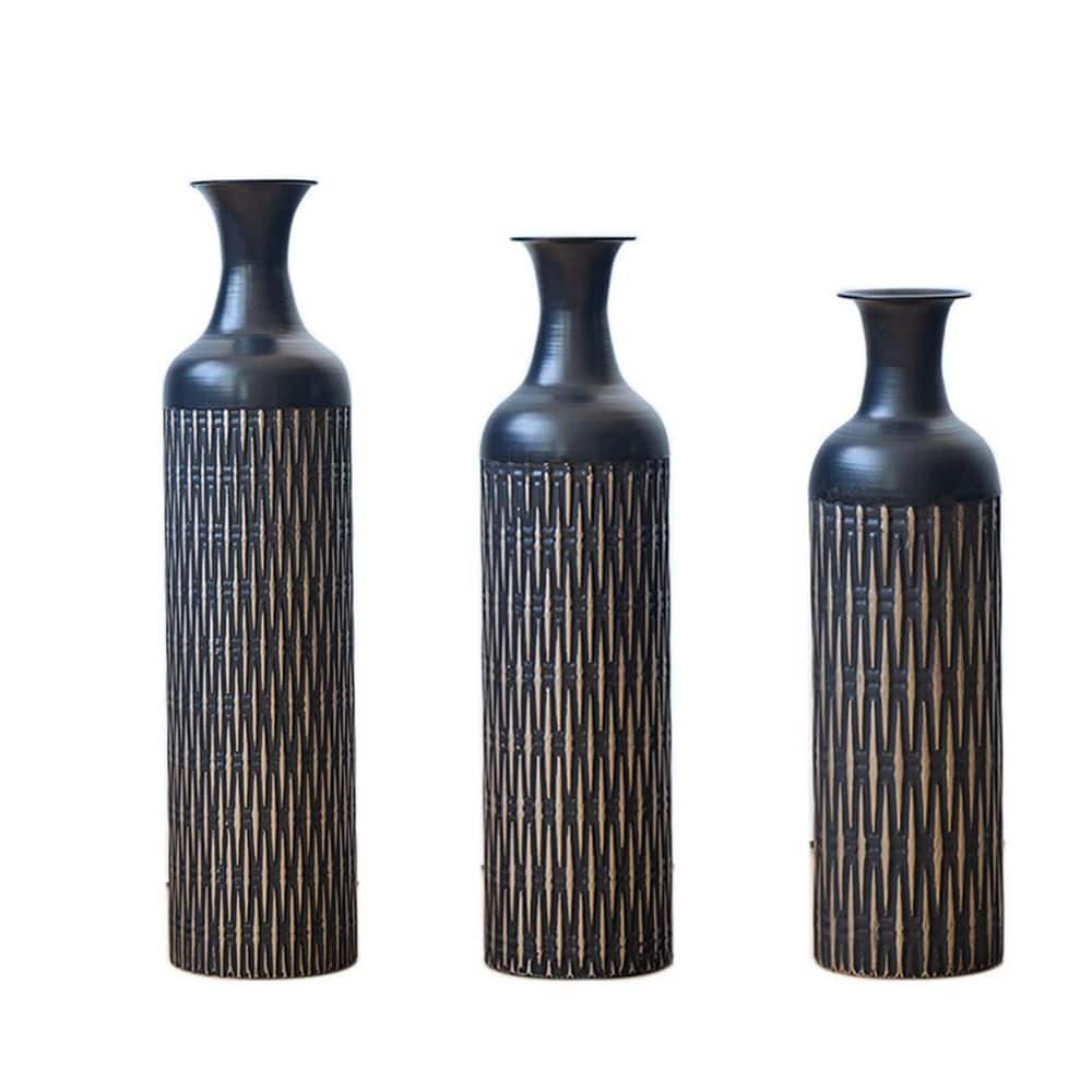 32.68/25.98/19.69 in. Black Metal Bottle Decorative Vase Set of 3, Tall Floor Vases With Textured Pattern For Home Decor price history on PriceWatchPro