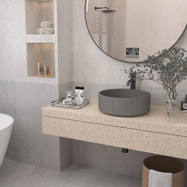 17 in . Vessel Concrete Round Bathroom Sink in Blue Gray with Striped Design and Matching Drain