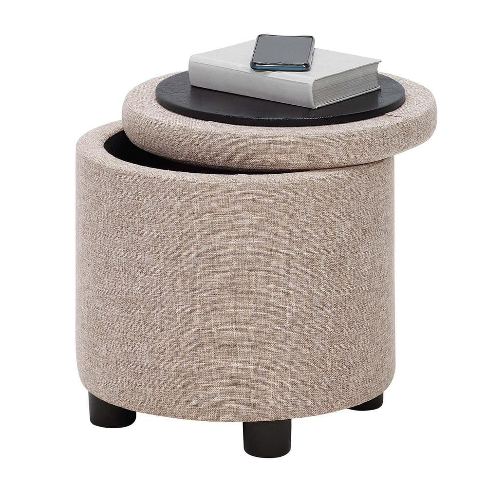 Designs4Comfort 16" Tan Fabric Round Storage Ottoman with Reversible Tray