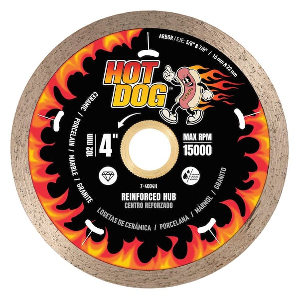 Hot Dog 4 in. Diamond Blade with Reinforced Steel Hub Cuts Wet Through Porcelain, Ceramic, Marble and Granite