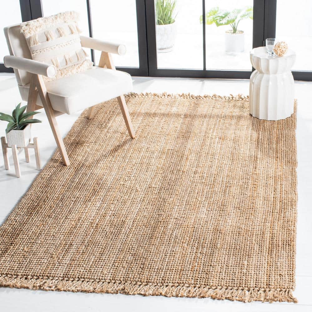 Natural Handwoven Jute Rectangular Area Rug with Fringe, 5' x 8'