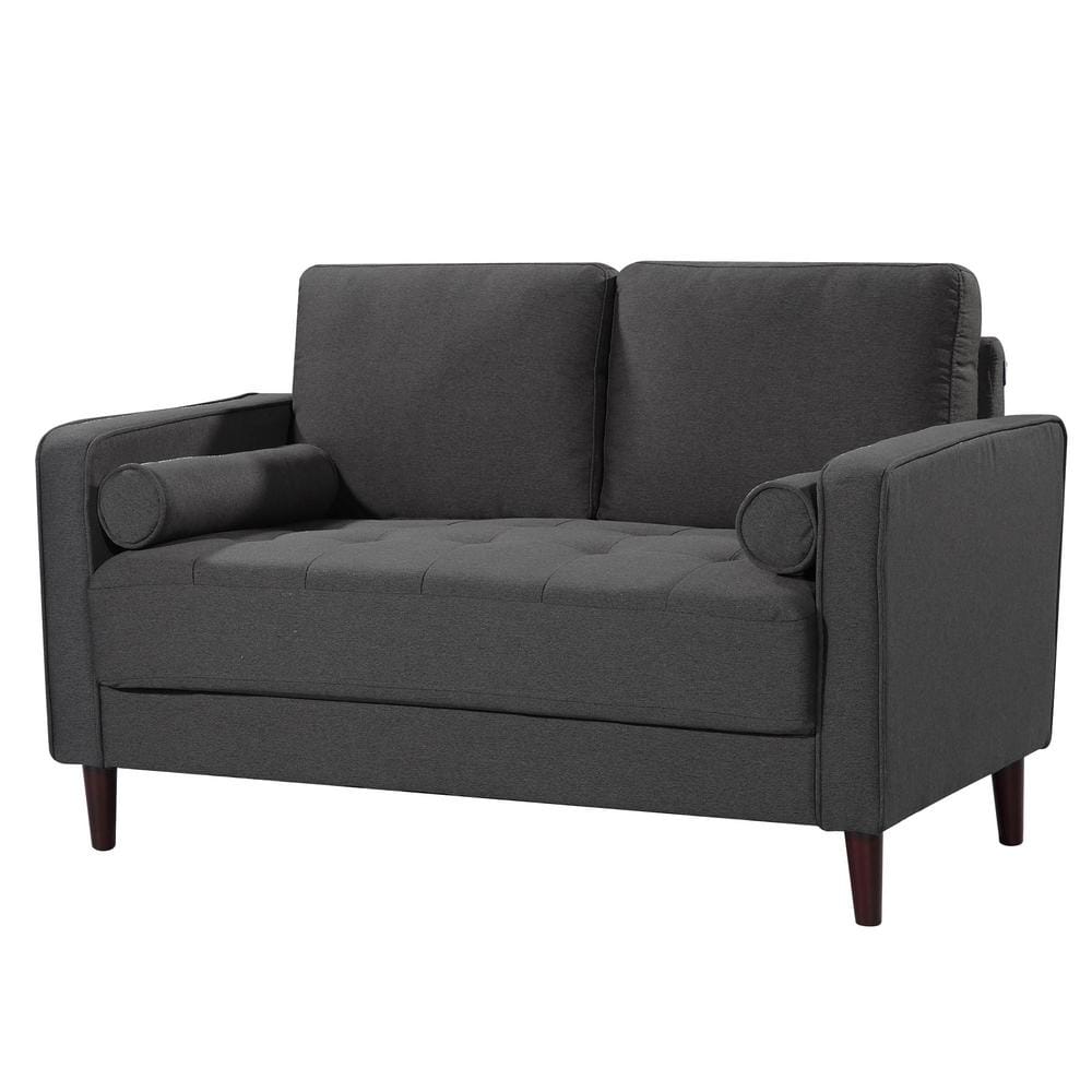 Heather Gray Tufted Microfiber Loveseat with Wood Frame and Removable Cushions