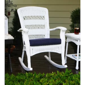 Portside Plantation White Wicker Rocking Chair Outdoor Furniture Piece with Fade-Resistant Navy Cushion