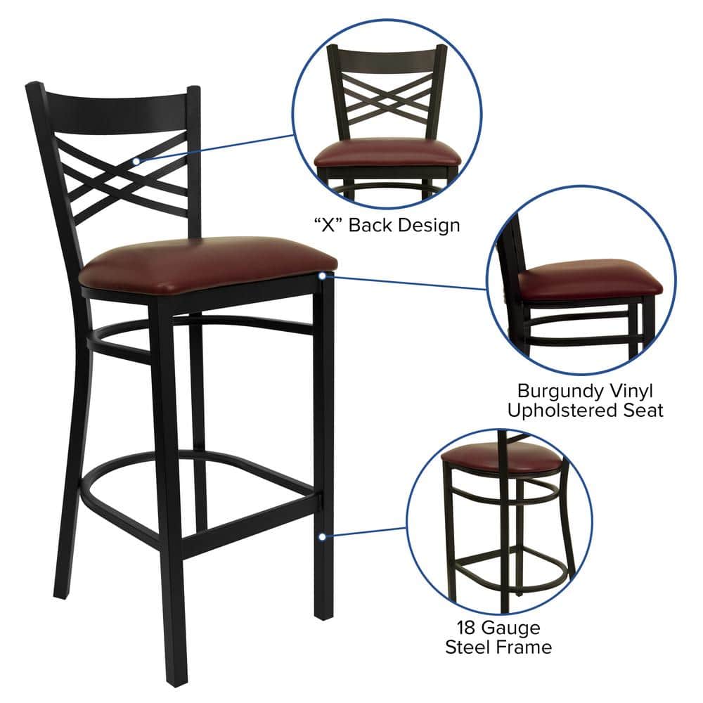 Cross-Back Black Metal Barstool with Burgundy Vinyl Seat