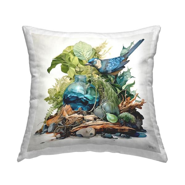 Stupell Industries Nature Arrangement with Bird Blue Print Polyester 18 in. x 18 in. Throw Pillow