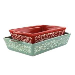 2 Piece Tierra Wax Relief Stoneware Baker Set in Red and Mint
