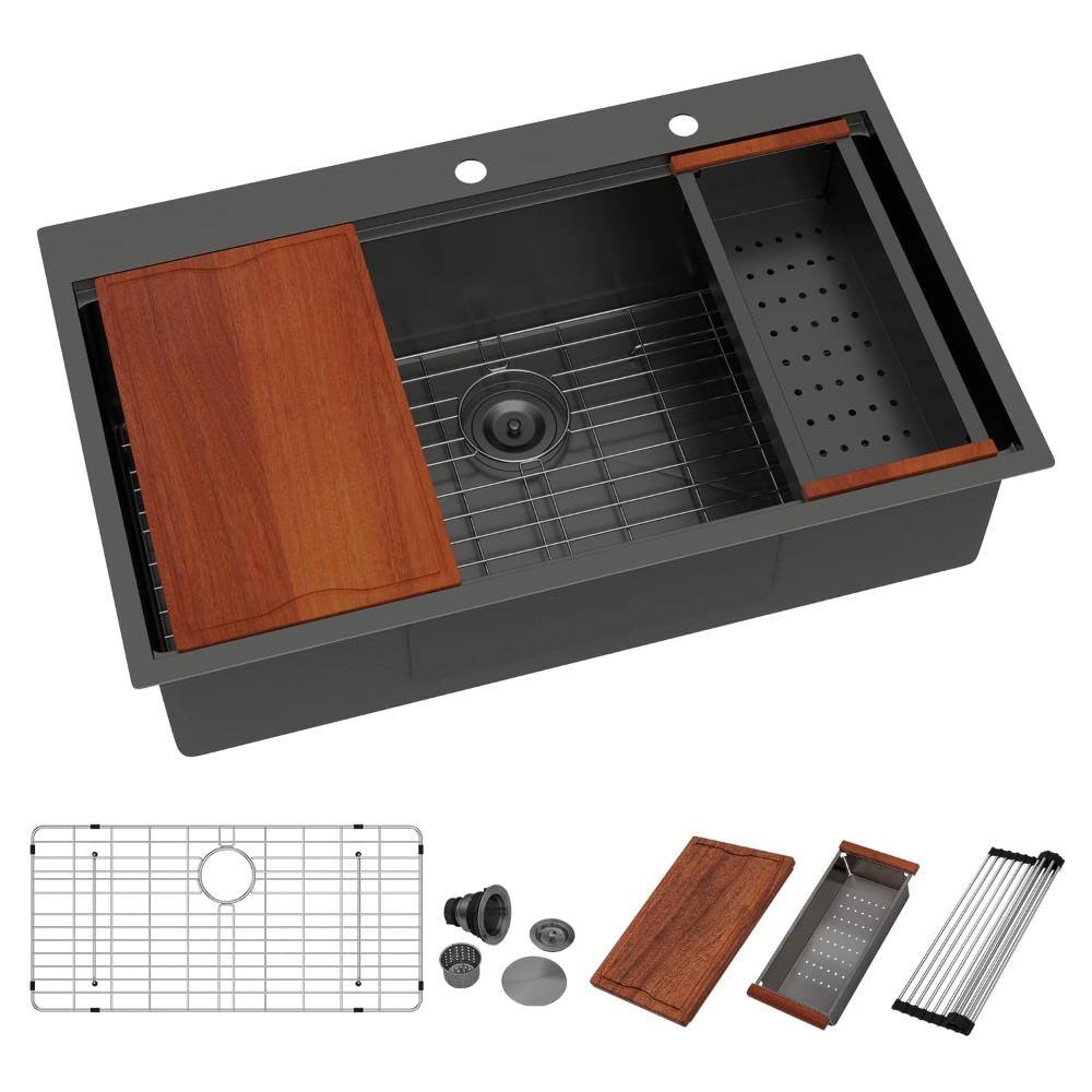 "36"" Workstation Gunmetal Black Drop-In Kitchen Sink, Single Bowl Stainless Steel, Nano-PVD Coating, Round Corners" price history on PriceWatchPro