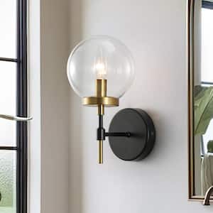 5.9 in. 1-Light Modern Brushed Gold and Black Wall Sconce with Clear Globe Glass Shade for Bathroom Bedroom Hallway