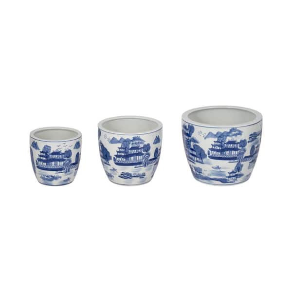 6 in. 8 in. and 10 in. Blue Ceramic Chinoiserie Decorative Pots (Set of 3)
