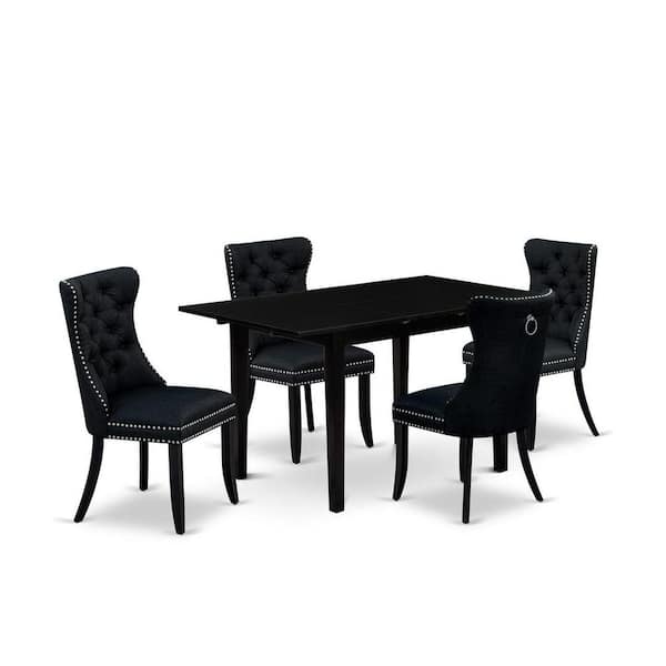 East West Furniture 5-Piece Black Finish Solid Wood Top - Rectangular Dining Room Set with Butterfly Leaf - Seats 4