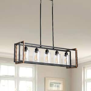 5-Light Pendant Lights Fixture Farmhouse Rustic Kitchen Island Chandelier for Dining Room in Wood Grain