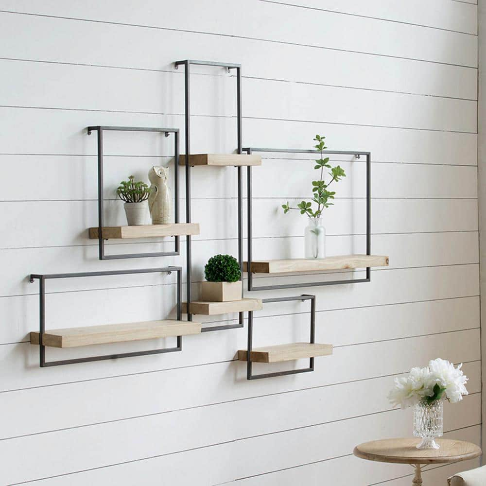 Sleek and Classic Wood Black Brown Wall Shelf Hanging Decor, Iron Home ...