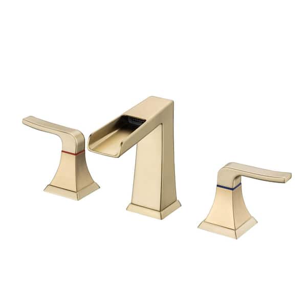 YONKI SUNSHIN INC 8 in.Widespread Double Handle 3 Hole Bathroom Faucet 1.2 GPM with Pop-up Drain&Waterfall Rotatable Spout in Brushed Gold