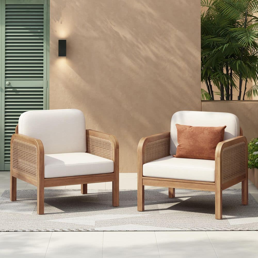 Remy Solid Wood and Wicker Patio Outdoor Lounge Chair with Beige Cushions Light Teak Finish plus Light Brown, (Set of 2) price history on PriceWatchPro