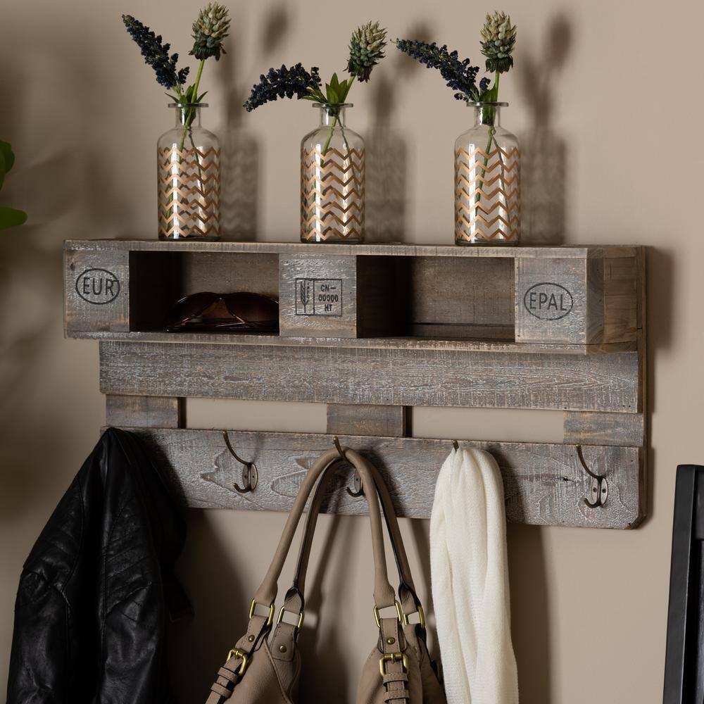 Rustic Whitewashed Oak Wall Mounted Coat Rack with Shelves