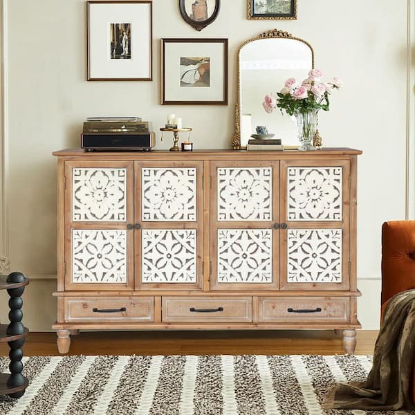 59 in. Brown Wood Accent Cabinet-4-Door 3-Drawer Buffet Sideboard with Adjustable Shelves for Kitchen and Dining