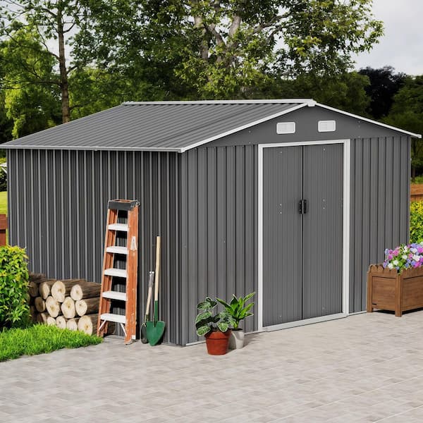 10 ft. x 8 ft. Outdoor Metal Storage Shed Tool House with Foundation and Lockable Doors for Garden, Gray (75 sq. ft.)