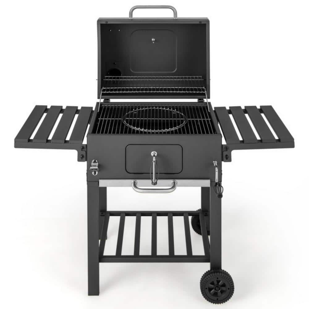 24 in. Outdoor BBQ Charcoal Grill in Black with 2 Foldable Side Tables, 8 Hooks and 2 Large Wheels