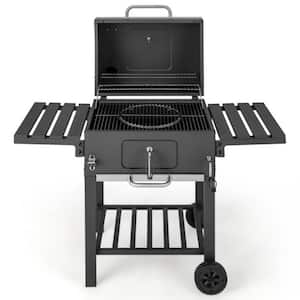 24 in. Outdoor BBQ Charcoal Grill in Black with 2 Foldable Side Tables, 8 Hooks and 2 Large Wheels