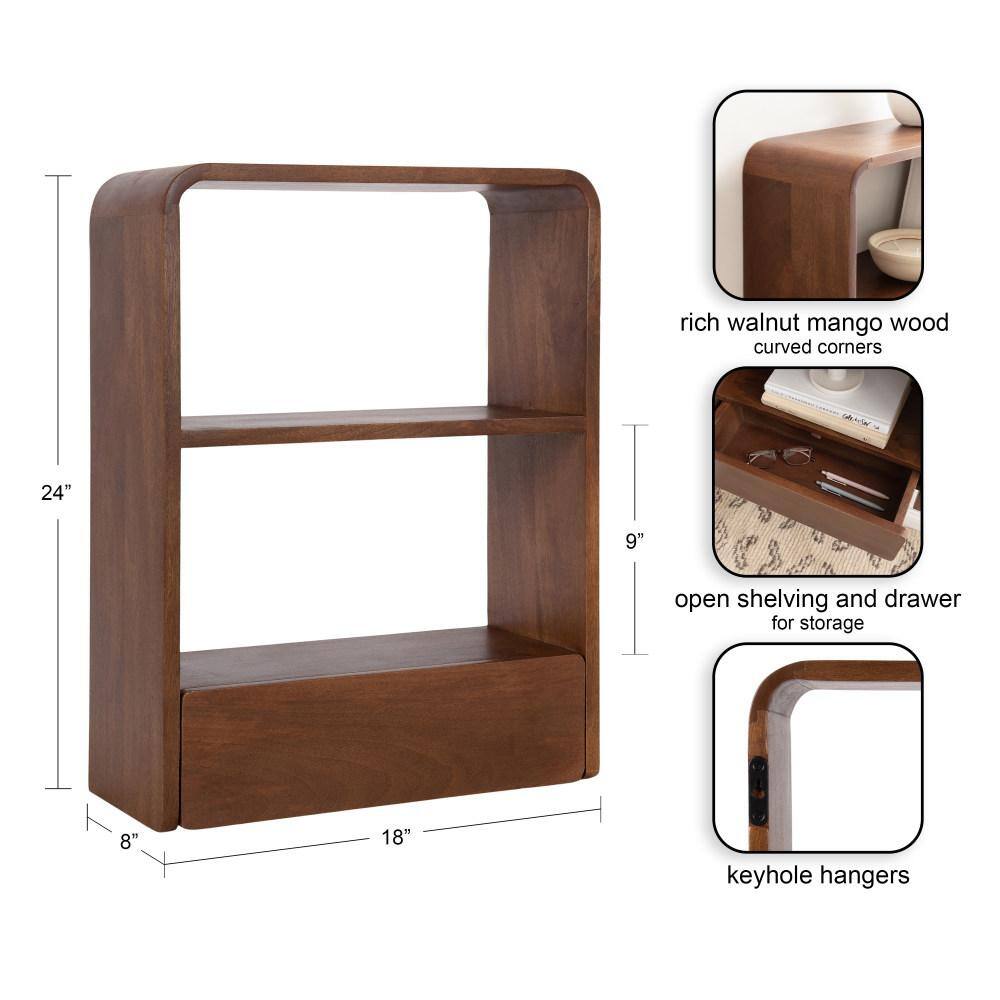 Walnut Brown Mango Wood Floating Wall Shelf with Drawer