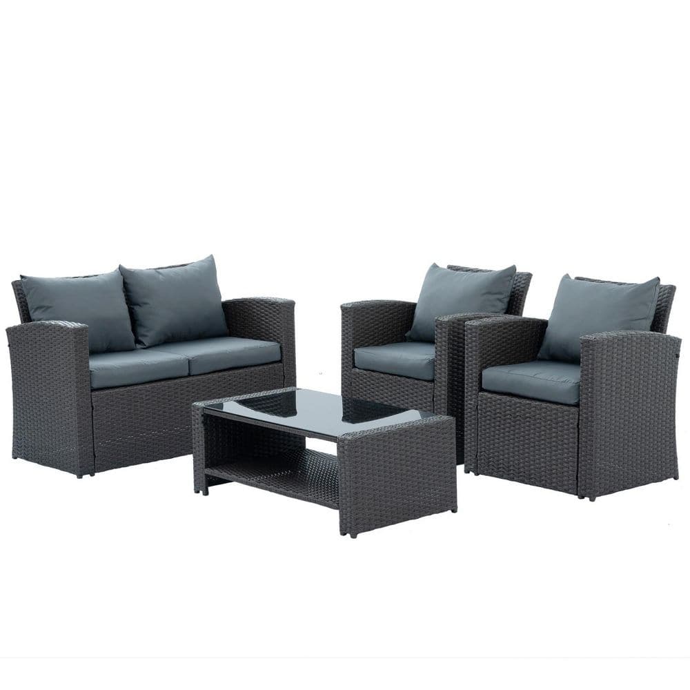 All-Weather 4-Piece Wicker Patio Conversation Set with Dark Gray Cushion an