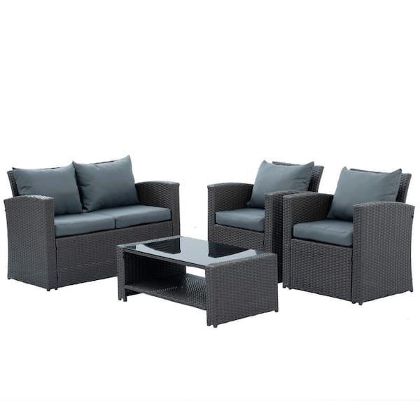 Unbranded All-Weather 4-Piece Wicker Patio Conversation Set with Dark Gray Cushion and Coffee Table Rattan Outdoor Leisure Chair