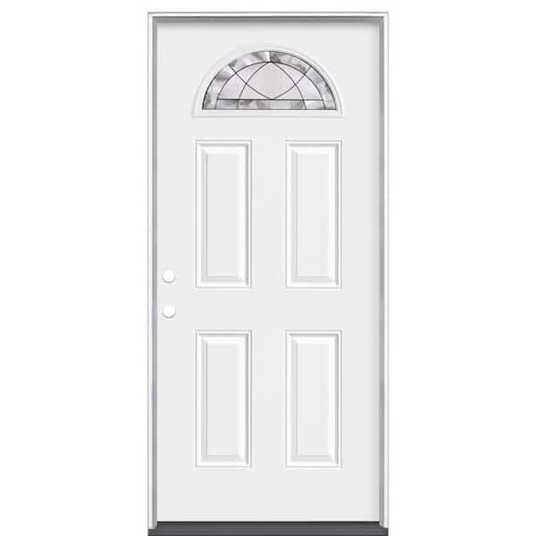Masonite 36 in. x 80 in. Premium Deco Fan Lite Left Hand Inswing Primed Steel Prehung Front Exterior Door No Brickmold