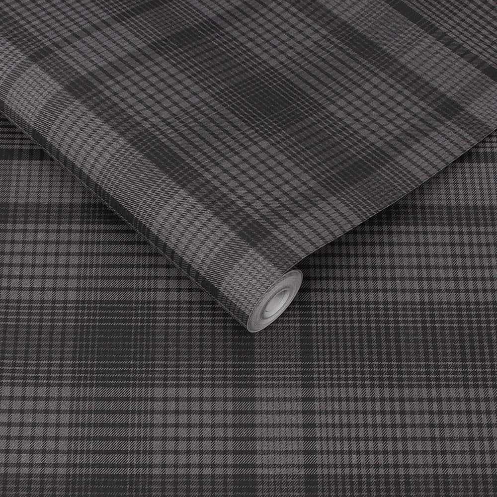 Heritage Charcoal Grey and Black Plaid Wallpaper Roll