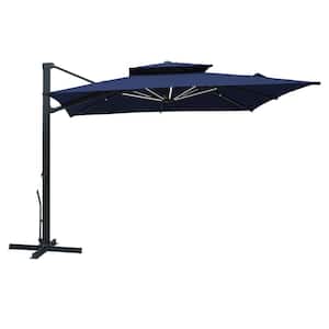 10x10ft Double Top Cantilever Umbrella with LED Lights Rectangular Crank Market Patio Umbrella in Navy Blue