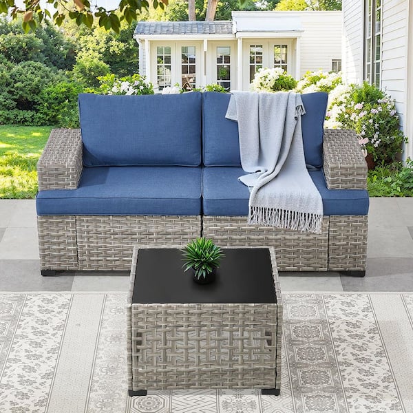 Bellefurn ModuVine Taupe 3-Piece Wicker Outdoor Sectional Furniture Set, Patio Sectional Sofa with Blue Cushions and Coffee Table