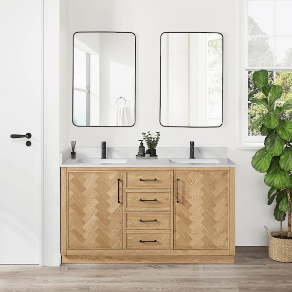 ROSWELL Jakarta 60 in. W. x 22 in. D x 33.9 in. H Double Bath Vanity in Oak Weathering Light Brown Silk White Quartz Stone Top