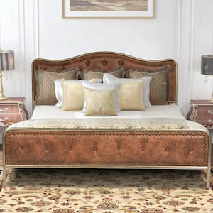 MERLE Brown Fabric Luxury Tufted Upholstered Metal Frame Queen Size Platform Bed Frame with Box Spring Not Required