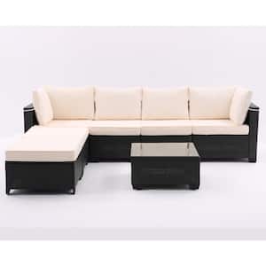 7-Piece Wicker Patio Conversation Set with Beige Cushions, Sectional Sofa with Corner Chair, Ottoman and Glass Top Table