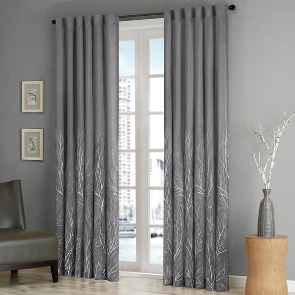 Eliza Grey Botanical Polyester 50 in. W x 95 in. L Room Darkening Rod Pocket and Back Tabs Curtain with Lining