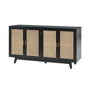 Buthrotos 58 in. W Black TV Stand for TVs up to 65 in. with Storage Room and 4 Rattan Doors