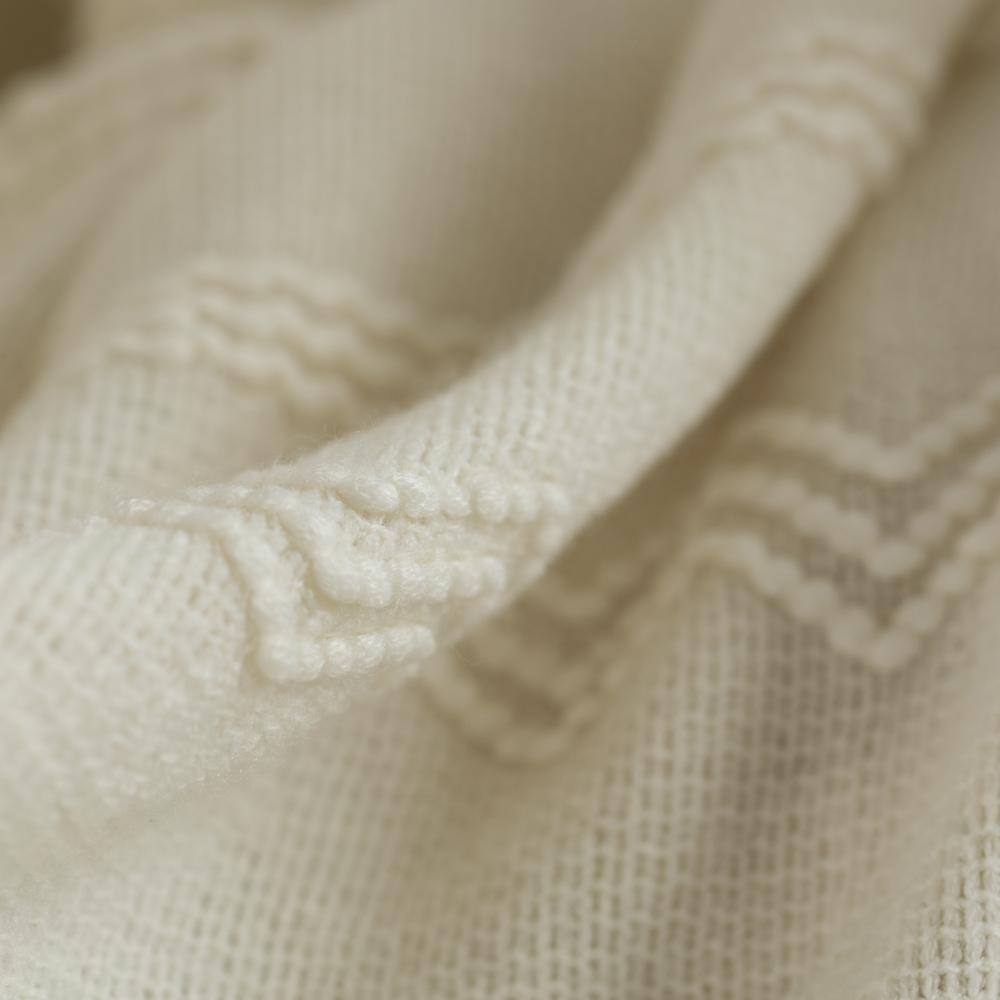 Cream Knitted Zigzag Pattern Throw Blanket with Fringe Edges
