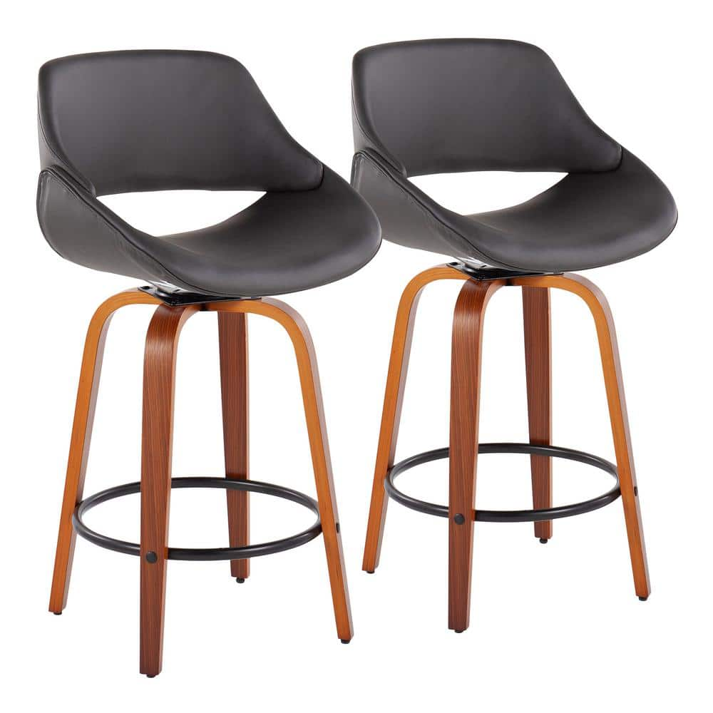 Fabrico 38 in. Grey Faux Leather and Walnut Wood High Back Counter H Bar Stool with Round Black Footrest (Set of 2) -  Lumisource, 30543