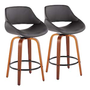 Fabrico 38 in. Grey Faux Leather and Walnut Wood High Back Counter H Bar Stool with Round Black Footrest (Set of 2)